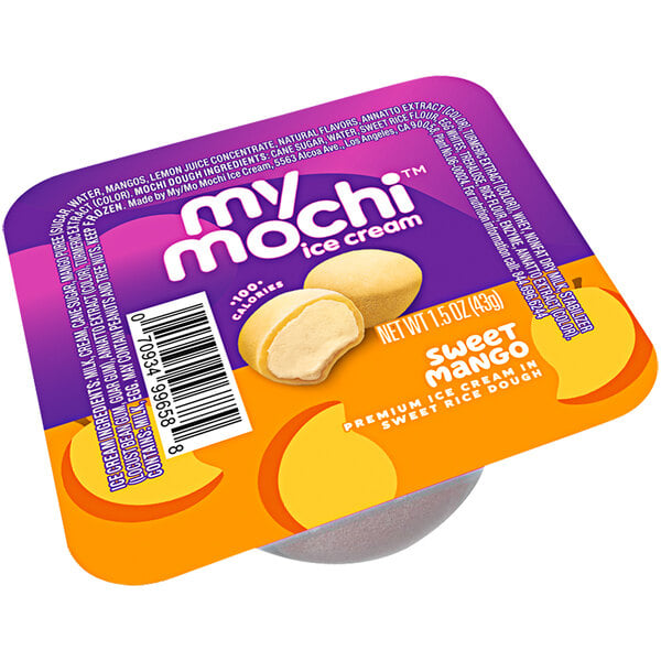 A container of My/Mochi Mango Mochi Ice Cream on a white background.
