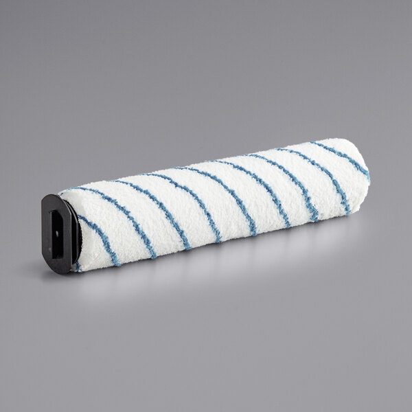 A white and blue striped cylindrical scrub brush with black bristles.