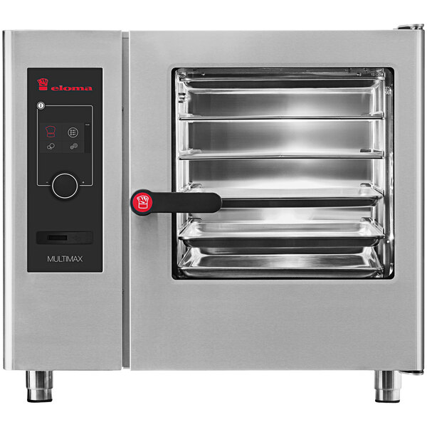 An open Eloma stainless steel combi oven with shelves inside.