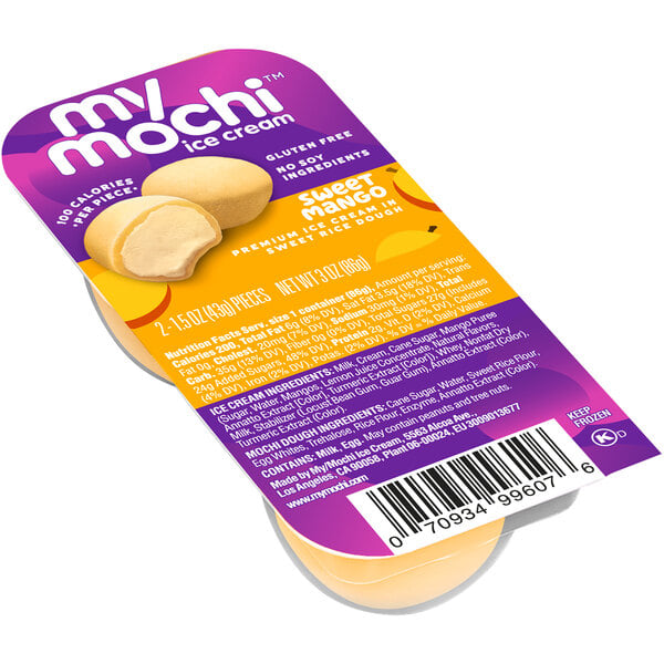 A white My/Mochi package of mango flavored mochi ice cream.