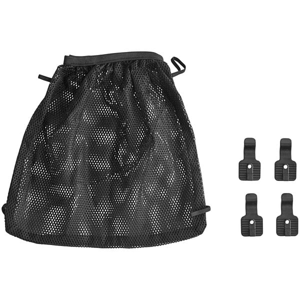 A black mesh bag with four black plastic clips.