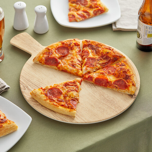 A pepperoni pizza with a slice missing on a Acopa faux wood melamine serving board.