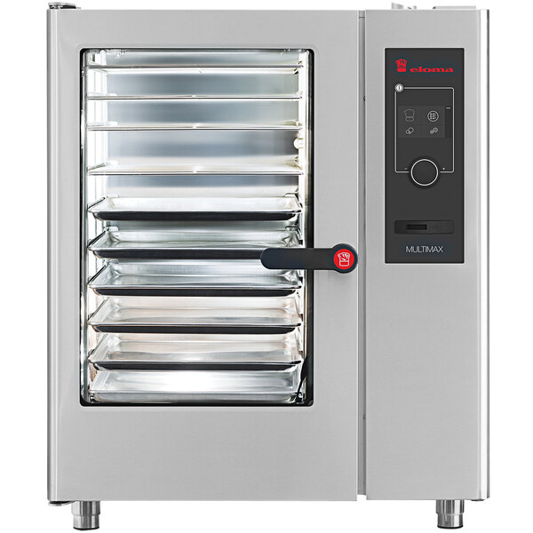 A stainless steel Eloma combi oven with trays inside.
