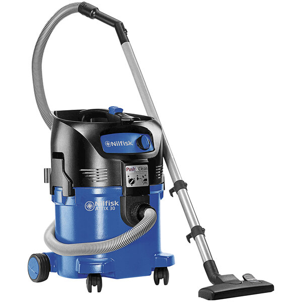A blue and black Nilfisk ATTIX 30 AS/E wet/dry vacuum.
