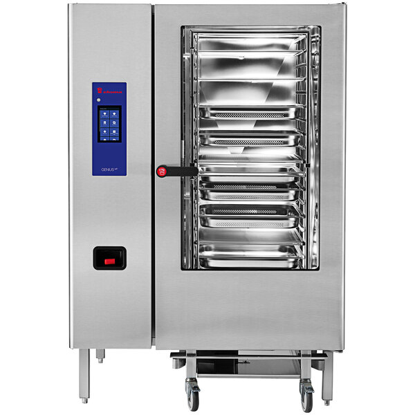 An Eloma stainless steel electric combi oven with wheels.