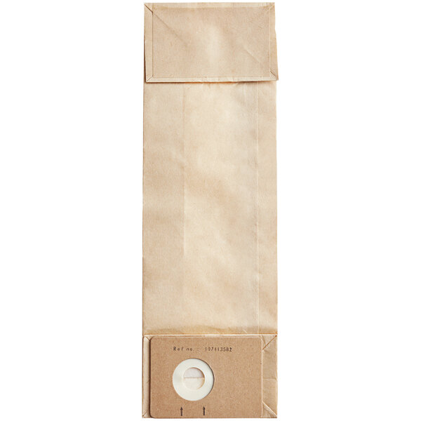 A white and brown Clarke Dust Bag Kit for CarpetMaster Vacuums with a circular hole in it.