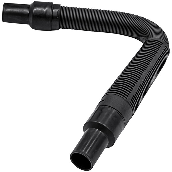 A black Clarke stretchable corrugated hose with a black plastic curved end.