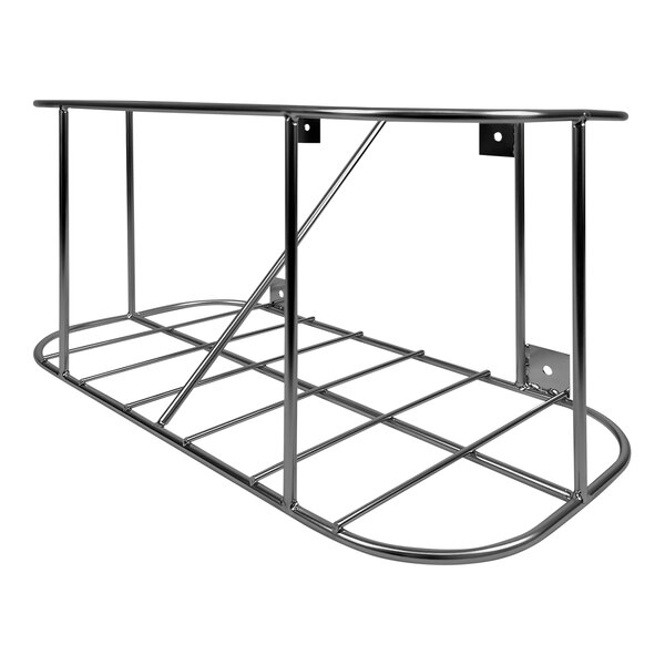 A metal shelf with a metal rack holding chemicals.