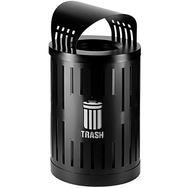 A black Commercial Zone Parkview trash receptacle with canopy top.