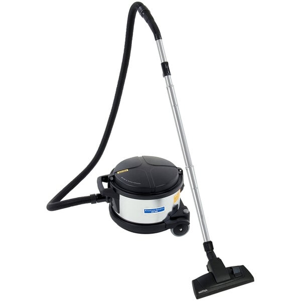 A Clarke Euroclean canister vacuum with a black handle.
