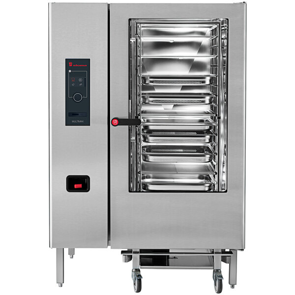 A large stainless steel Eloma boilerless electric combi oven with two right hinged doors open.
