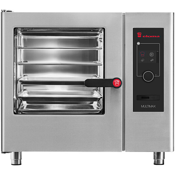 A close-up of the left hinged red door on a stainless steel Eloma Multimax 6-11 Boilerless Electric Combi Oven.