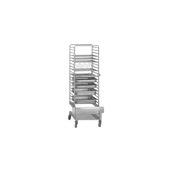 A stainless steel rack with shelves for Eloma 20-21 series trays on wheels.