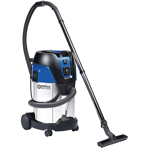 A blue and black Nilfisk wet/dry vacuum cleaner with a handle.