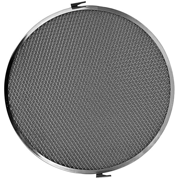 A round metal mesh grid with a white background.