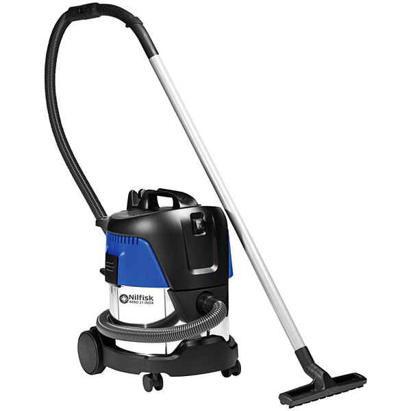A Nilfisk stainless steel wet/dry vacuum cleaner with a blue and black handle on wheels.