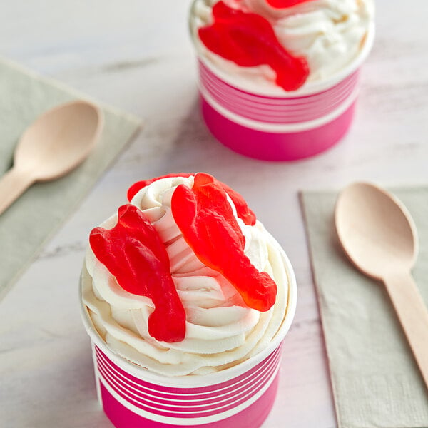 Two cups of ice cream with Kervan Gummy Lobsters on top.