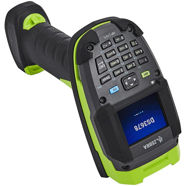 A close up of a Zebra barcode scanner with a color display and keypad.