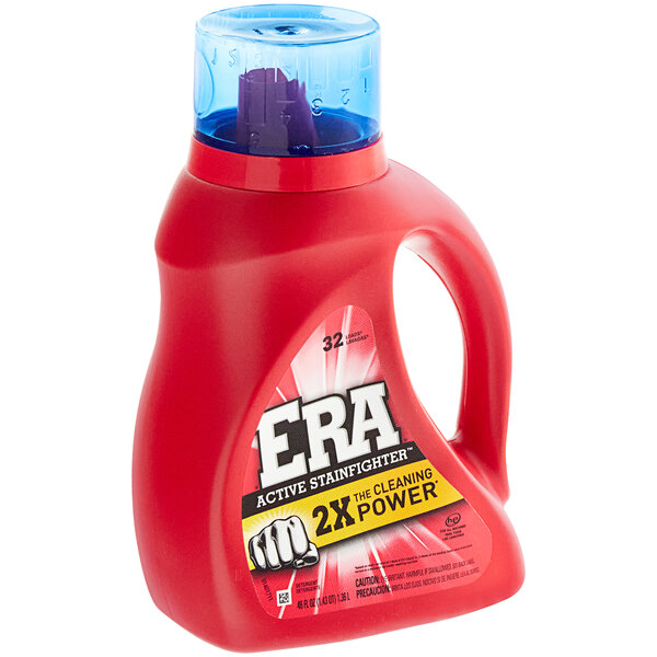 A red case of Era 2X laundry detergent with blue caps.