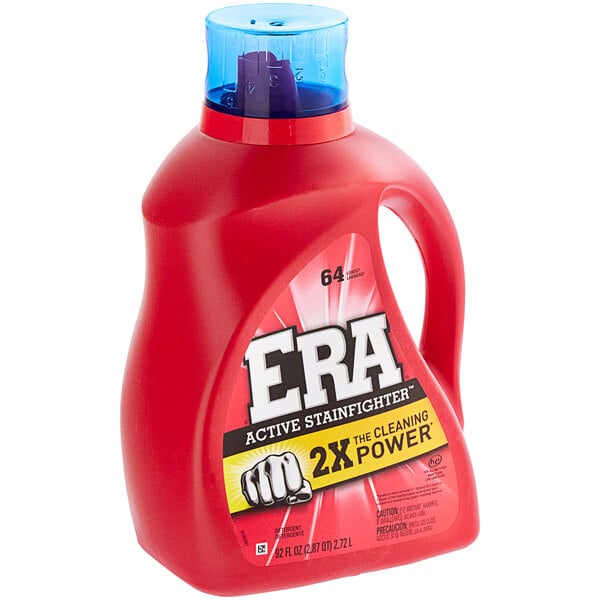 A red bottle of Era 2X Laundry Detergent with Active Stainfighter.