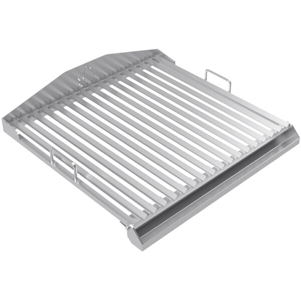 A stainless steel Mibrasa V-shaped grill grate with metal handles.
