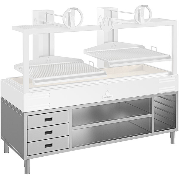 A white and grey Mibrasa Parrilla grill stand with 3 drawers.