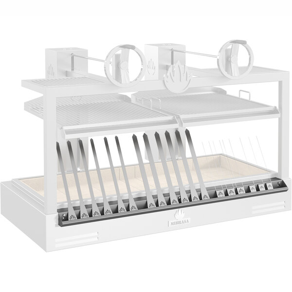 A white rack with metal rods for a Mibrasa Parrilla grill.