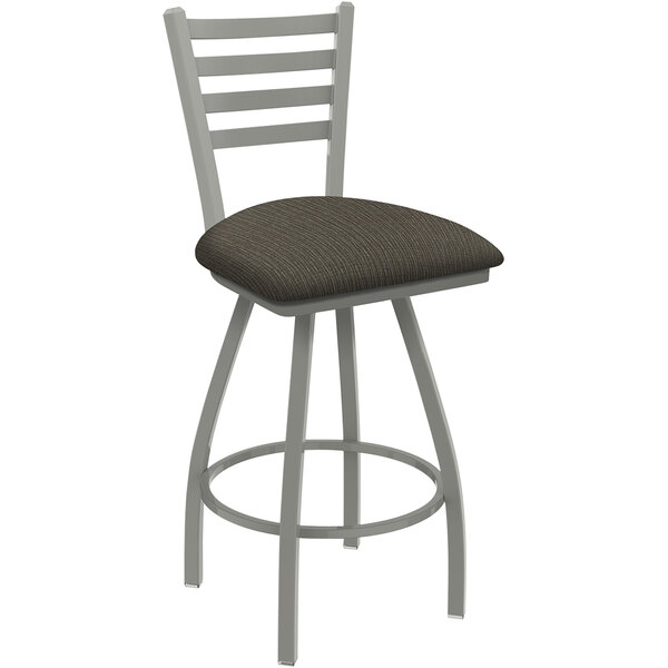 A Holland Bar Stool Jackie ladderback counter stool with an anodized nickel finish and a graph chalice cushion.