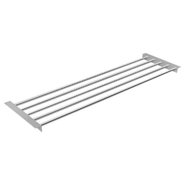 A stainless steel vertical rack with four metal rods.