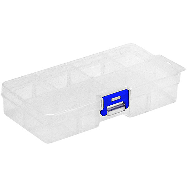 A clear plastic container with blue dividers and a handle.