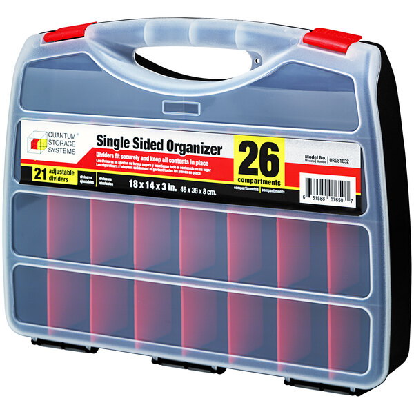 A Quantum plastic organizer with a red lid and black dividers.