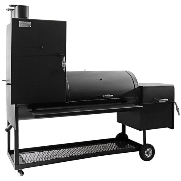 An Old Country BBQ Pits Angus Offset Smoker, a black barbecue grill with a large lid.