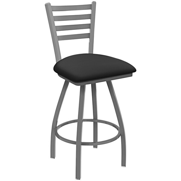 A black Holland Bar Stool ladderback counter stool with a gray cushion.