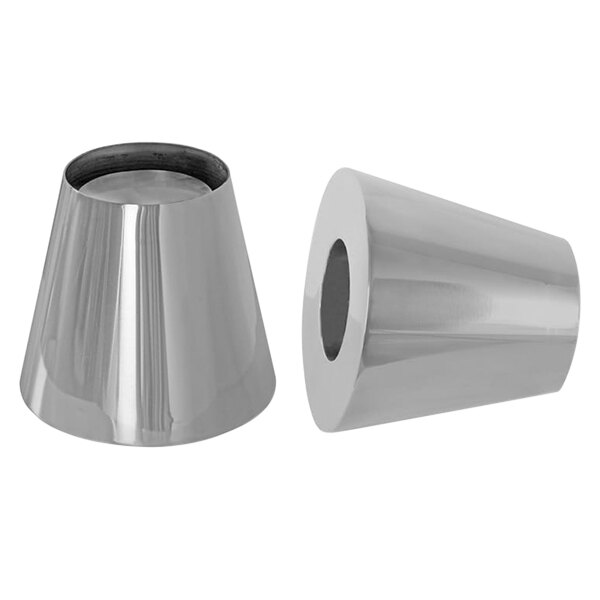 Two silver metal cone-shaped objects.