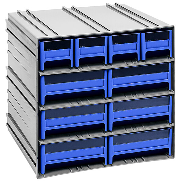 A blue and black plastic object with blue and grey drawers.