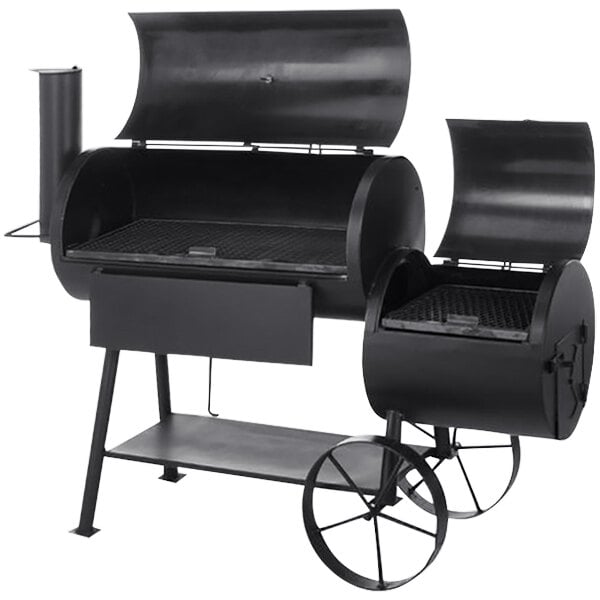 A black Old Country BBQ Pits Pecos offset smoker grill with two wheels.