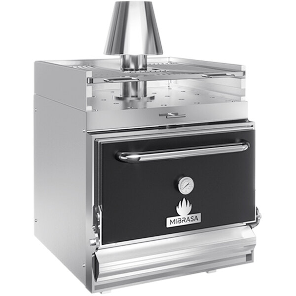 A Mibrasa black and silver worktop charcoal oven with a lid and heating rack.