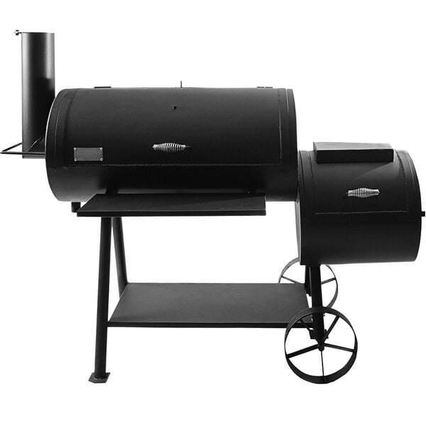 A black Old Country BBQ Pits Brazos offset smoker on a black metal stand.