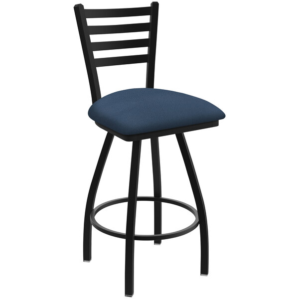 A black Holland Bar Stool with a blue cushion on a bar stool with a black frame.