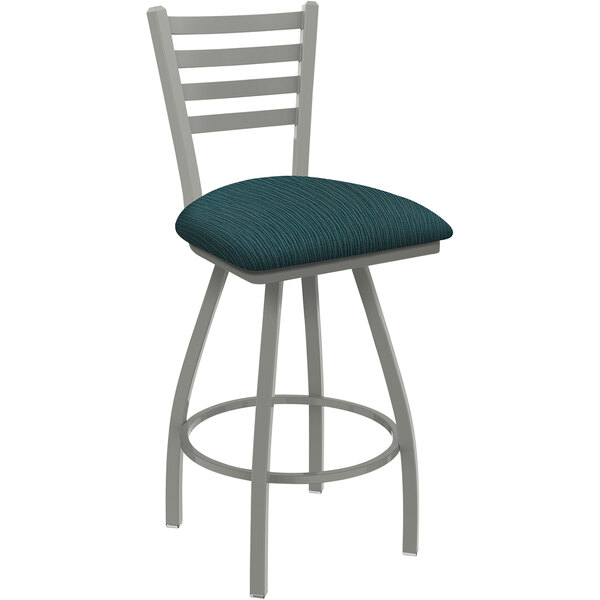 A Holland Bar Stool ladderback swivel bar stool with a blue and gray seat.