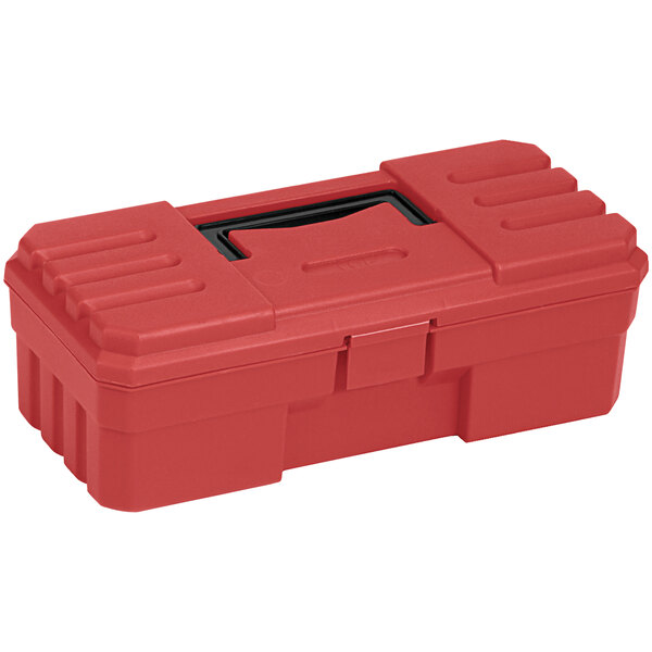 A red Quantum heavy-duty polypropylene tool box with black handle and lid.
