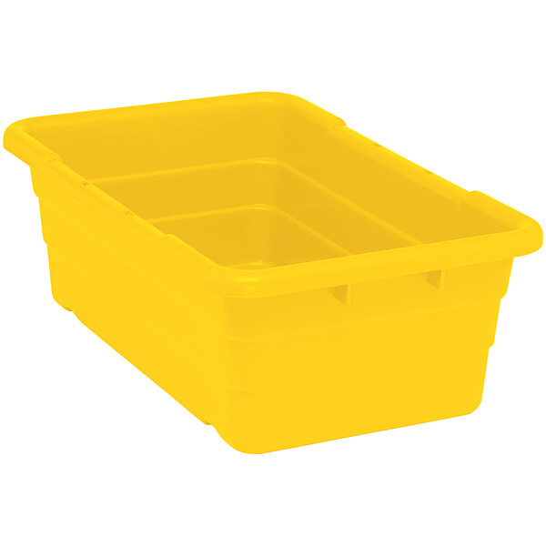 A yellow Quantum plastic storage tub with built-in handles.