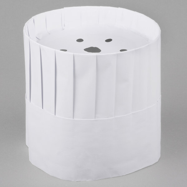 A white Royal Paper pleated disposable chef hat with holes in it.