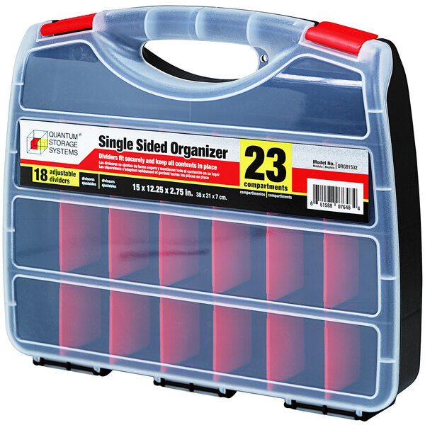 A Quantum plastic organizer with 18 red dividers.