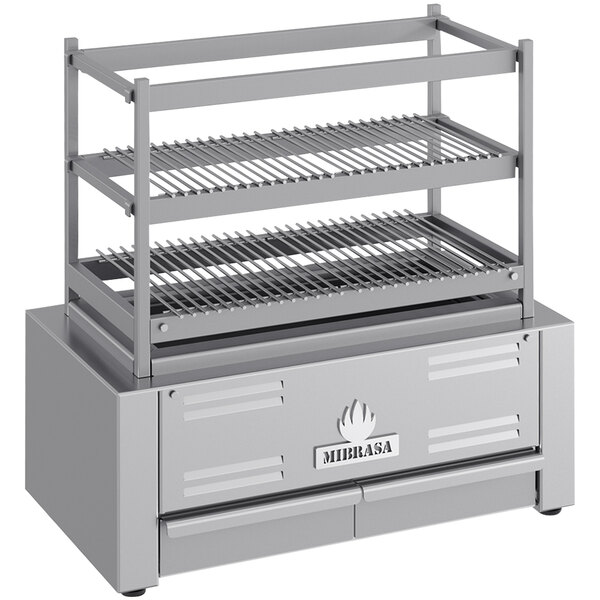 A Mibrasa RM 80 Robatayaki grill on a stand with three fixed tiers.