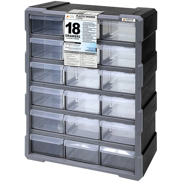 A grey plastic drawer cabinet with 18 clear drawers.