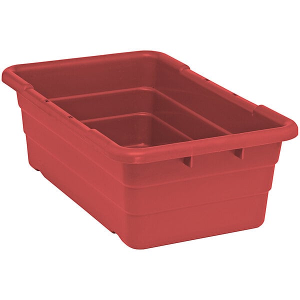 A red Quantum plastic storage tub with built-in handle grips and bottom grooves.
