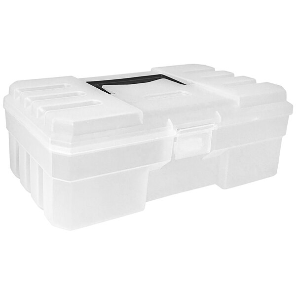 A Quantum clear plastic tool box with a lid.
