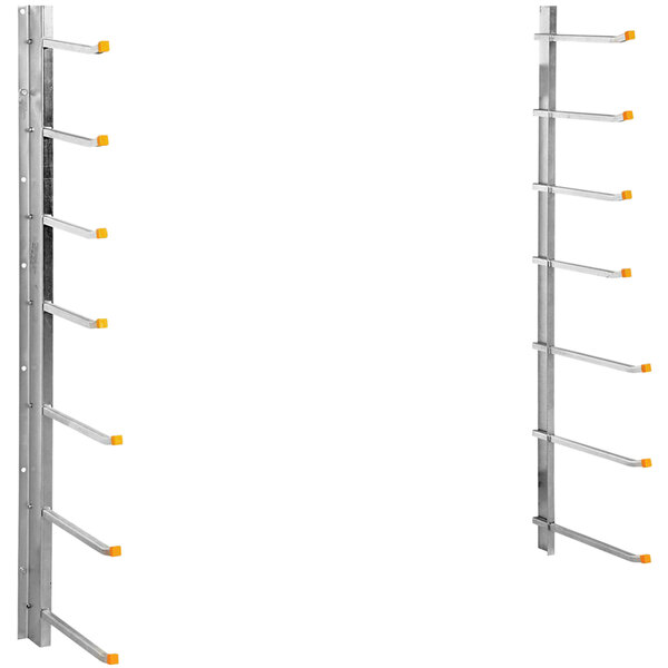 A Vestil wall mounted metal rack with yellow handles.