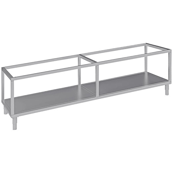 A metal shelf with a metal rectangular frame holding two grills.